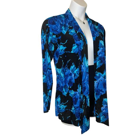 Susan Graver Womens Floral Stretchy Open Front Sparkly Cardigan Black Blue Sz S - Picture 8 of 10